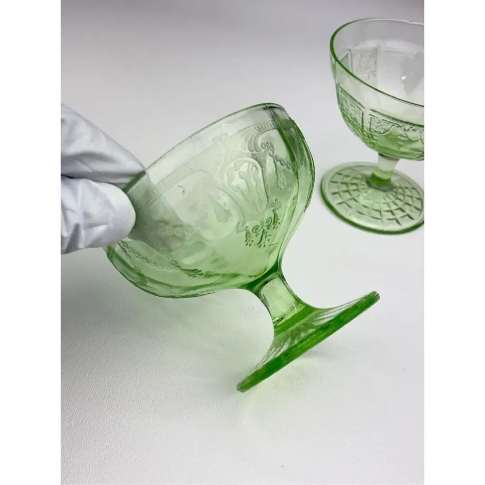 Vintage Set of 3 Vaseline Uranium Glass Dessert Sherbet Green Cups Glasses
